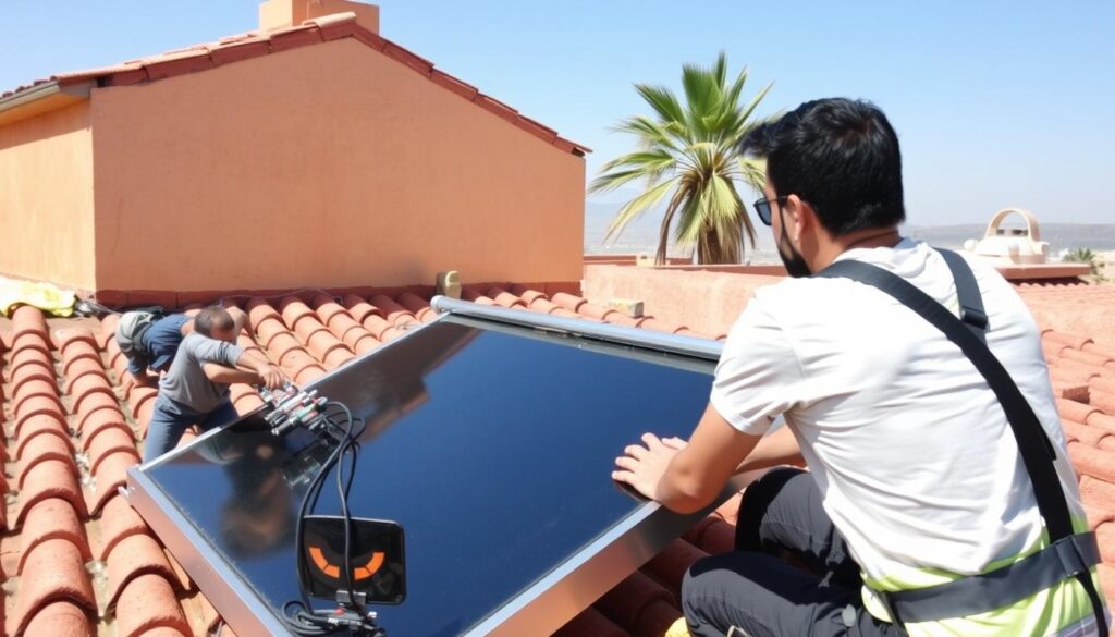 Installation professionnelle d'un chauffe-eau solaire sur un toit marocain Installation professionnelle d'un chauffe-eau solaire sur un toit marocain